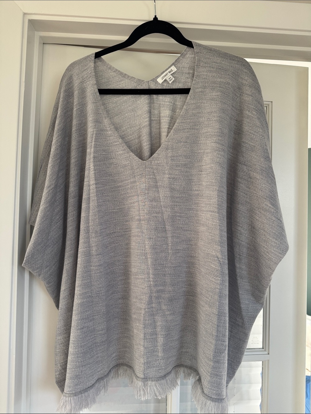 Johnny Was Heather Gray/Light Lilac V-Neck Fringe Merino and Cashmere Poncho